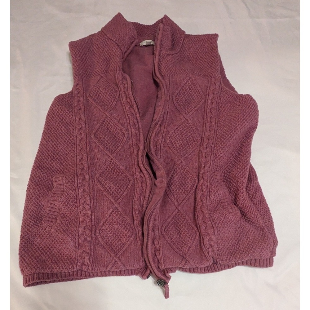 Talbots Sweater Vest Women XL Plum Mauve Excellent Cable Knit Full Zip Cotton